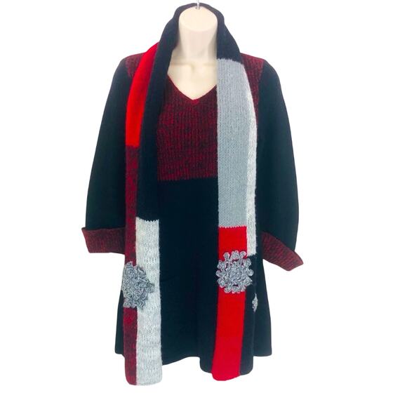 Style & Co Red Black Tunic Sweater and Scarf V Neckline Front Patch Pockets - Picture 2 of 16